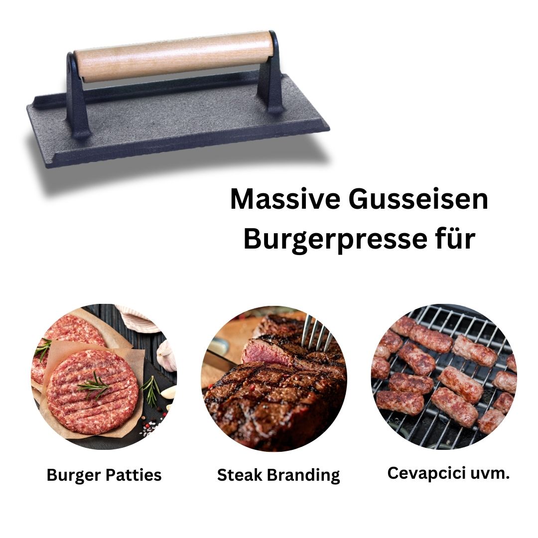 Burgerpresse aus Gusseisen mit Holzgriff – 21 cm