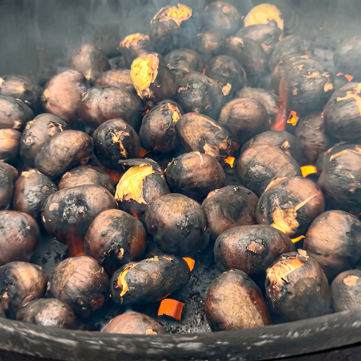 Maronipfanne aus Stahl – gelochte Kastanienröstpfanne für Grill & Feuer
